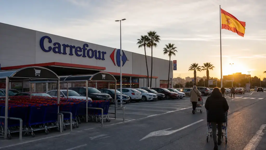 centros comerciales carrefour: fachada de un hipermercado con clientes lejanos empujando carros en el aparcamiento al atardecer