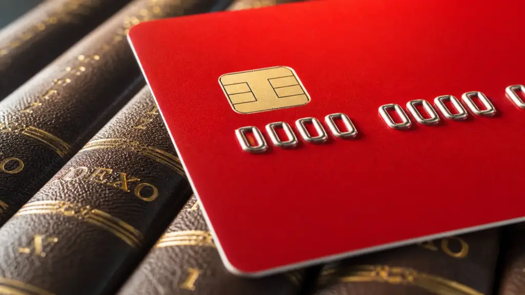 resultados de banesto: tarjeta bancaria roja en primer plano sobre los lomos dorados de una enciclopedia