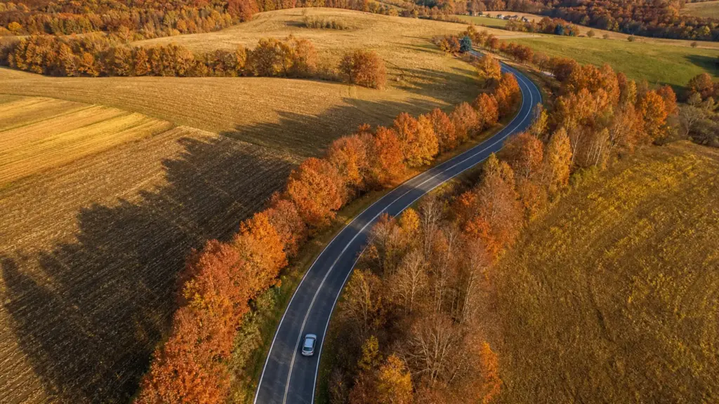 caja 7g-tronic: vista aérea de una carretera sinuosa entre campos otoñales con un coche plateado