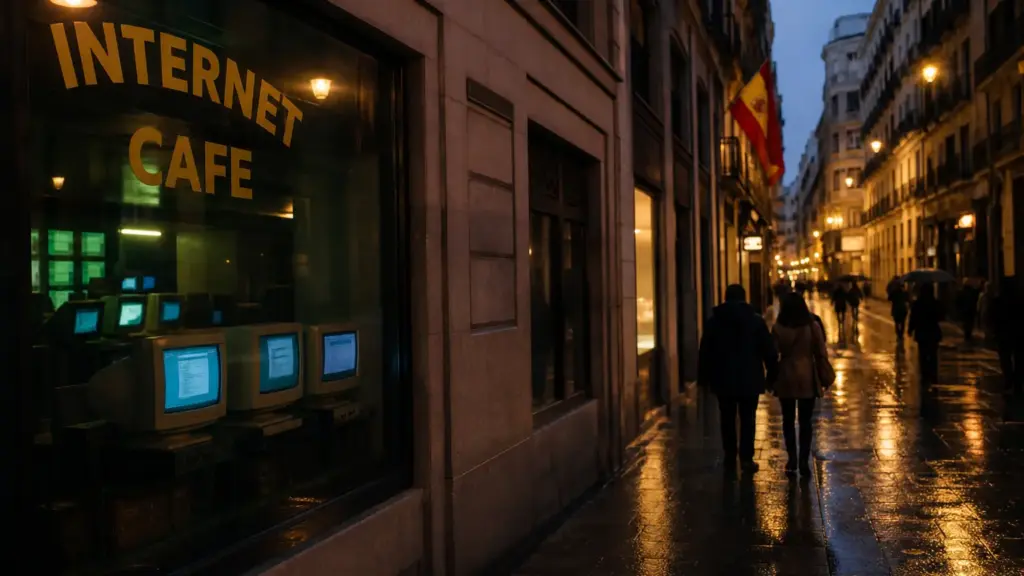 virus kelar: calle de Madrid al anochecer con un cibercafé iluminado y transeúntes de espaldas