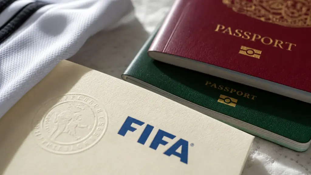 estatutos de la fifa: documento oficial con sello junto a dos pasaportes y la tela de una camiseta de fútbol