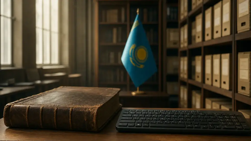 unesco en almaty: libro de archivo antiguo junto a un teclado y una bandera de Kazajistán en una biblioteca