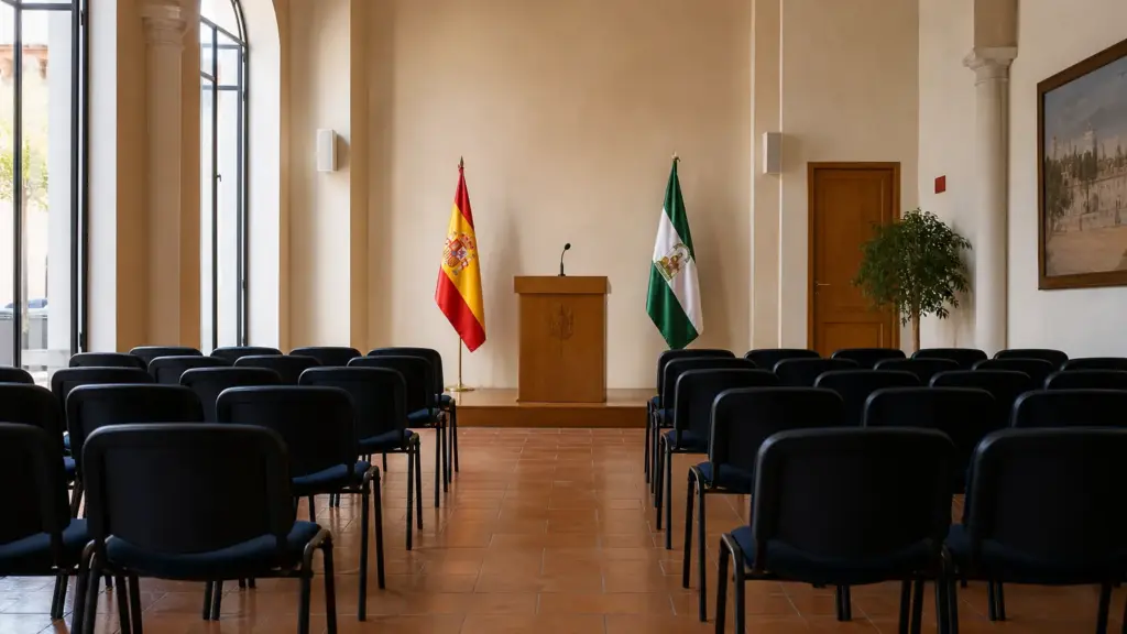 acuerdo con la santa sede: sala de prensa vacía en Sevilla con atril y banderas de España y Andalucía