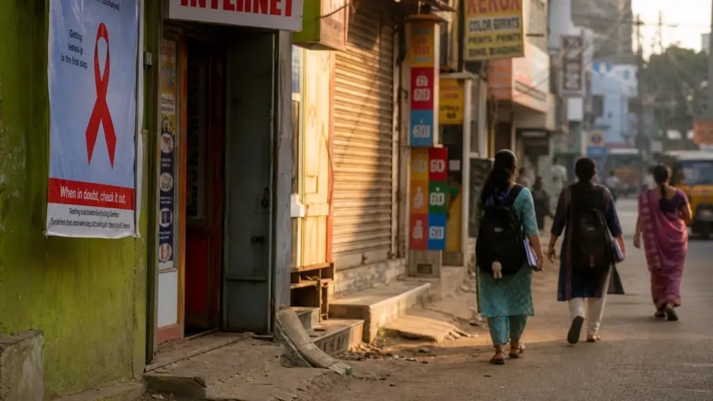 taller de chennai: calle de Chennai con un cibercafé y un cartel con un lazo rojo, con mujeres anónimas caminando de espaldas