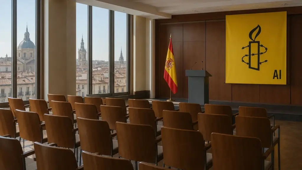 amnistía internacional en españa: sala de conferencias vacía con bandera de España y un atril
