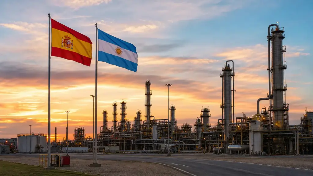 presidente de repsol ypf: refinería al atardecer con banderas de España y Argentina en primer plano