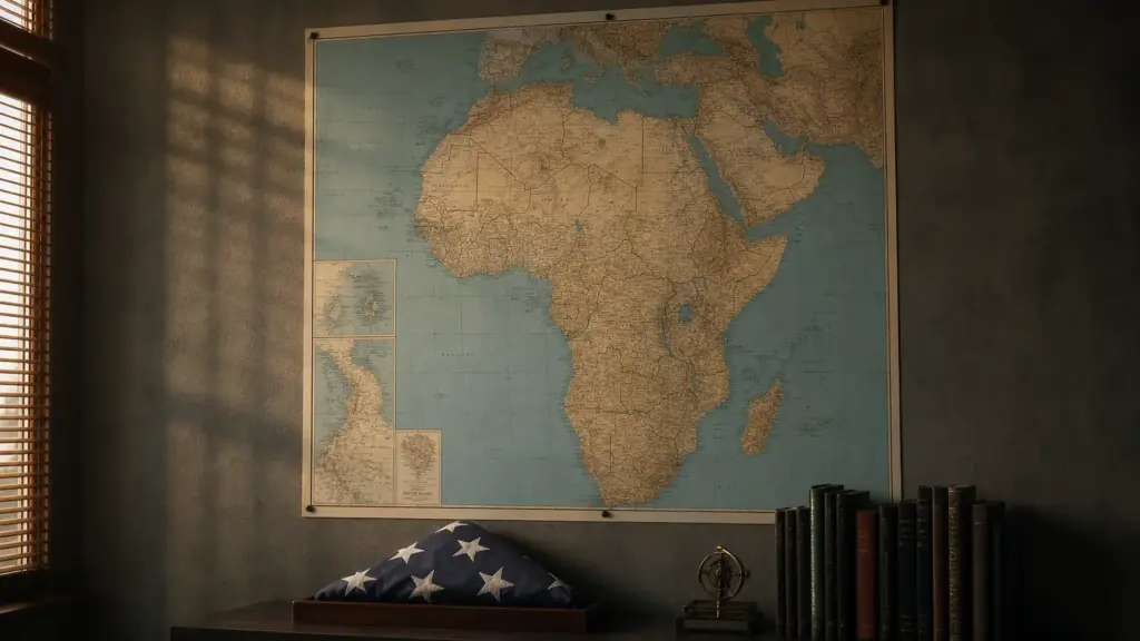 terrorismo en áfrica: mapa de África y el Mediterráneo en una pared junto a una bandera de Estados Unidos doblada