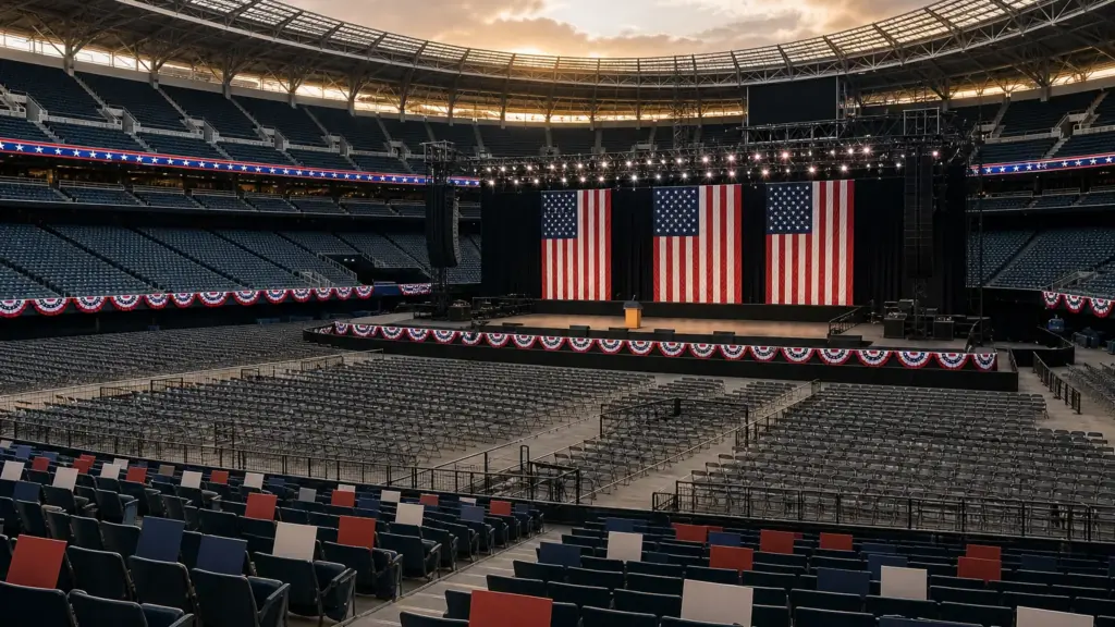 mitin en pontiac: estadio cubierto con escenario, atril y banderas de Estados Unidos preparado para un acto de campaña