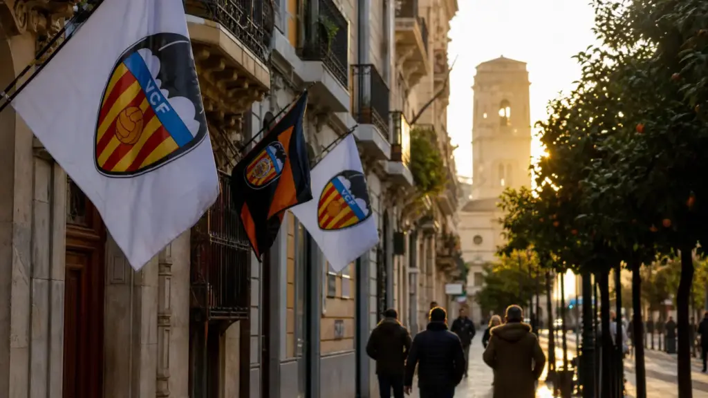 juan bautista soler: calle de Valencia con banderas del Valencia CF en los balcones y aficionados de espaldas al atardecer