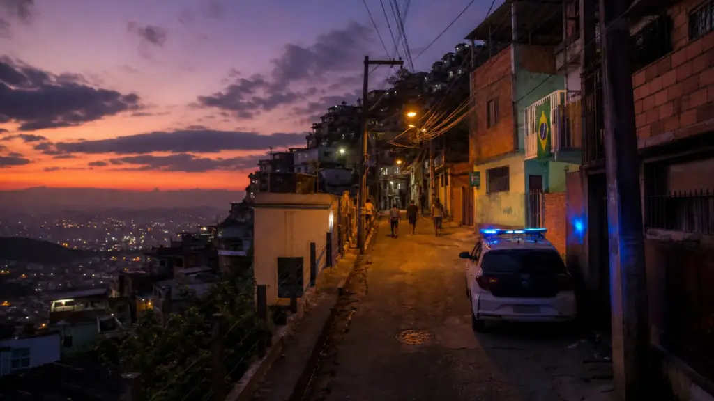 criminalidad en brasil: calle en la ladera de una favela de Río de Janeiro al atardecer con un patrullero y peatones lejanos