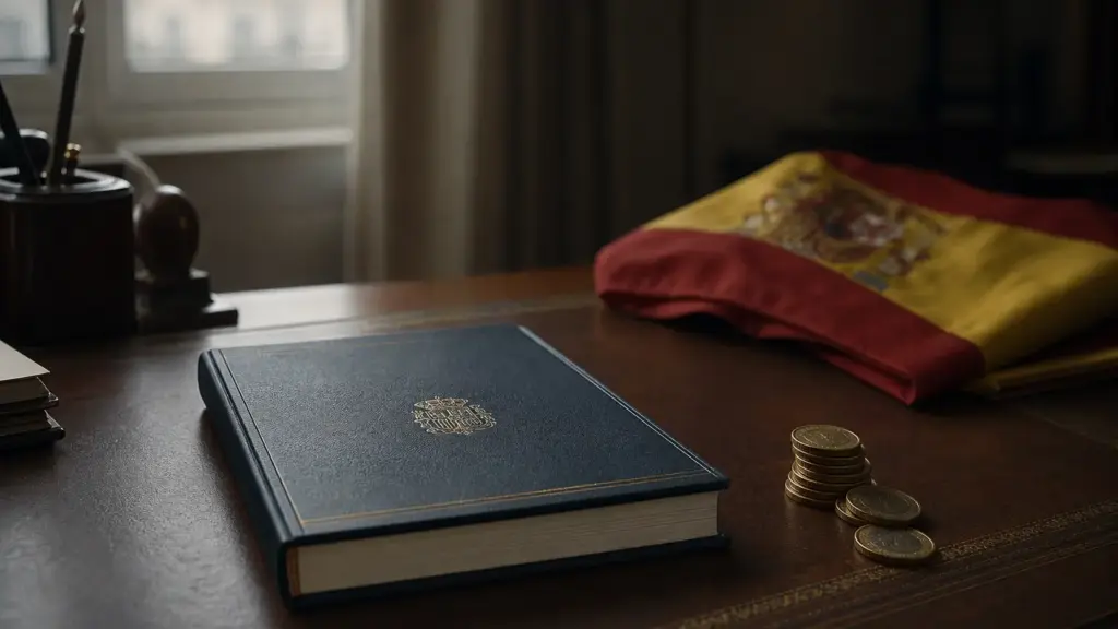 fondo de reserva: libro de cuentas cerrado y monedas de euro junto a una bandera de España en una oficina sobria