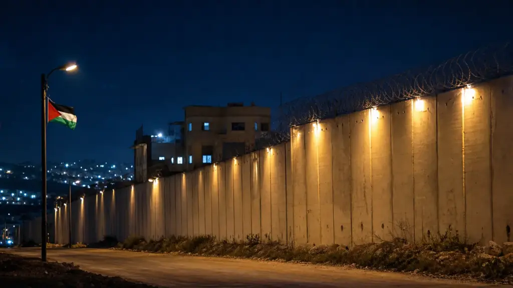 presos palestinos: muro con alambre de púas iluminado por reflectores de noche junto a una bandera palestina