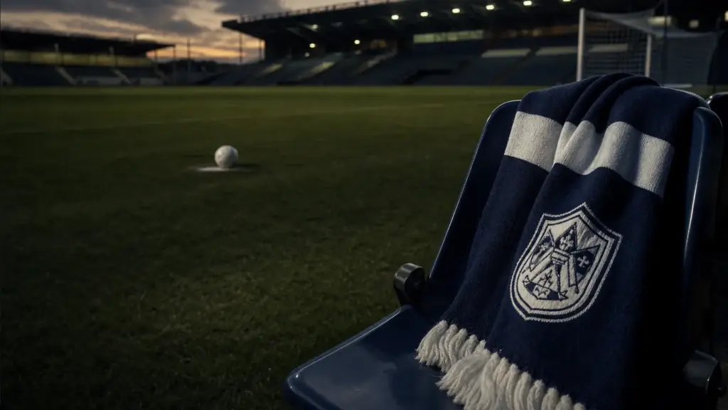 mido al tottenham: balón sobre el punto de penalti en un estadio vacío al atardecer con bufandas azul marino y blancas