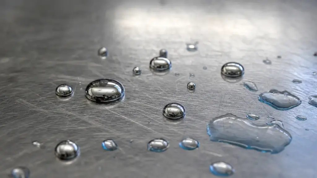 plantas de cloro-álcali: gotas de mercurio líquido sobre una superficie de acero industrial