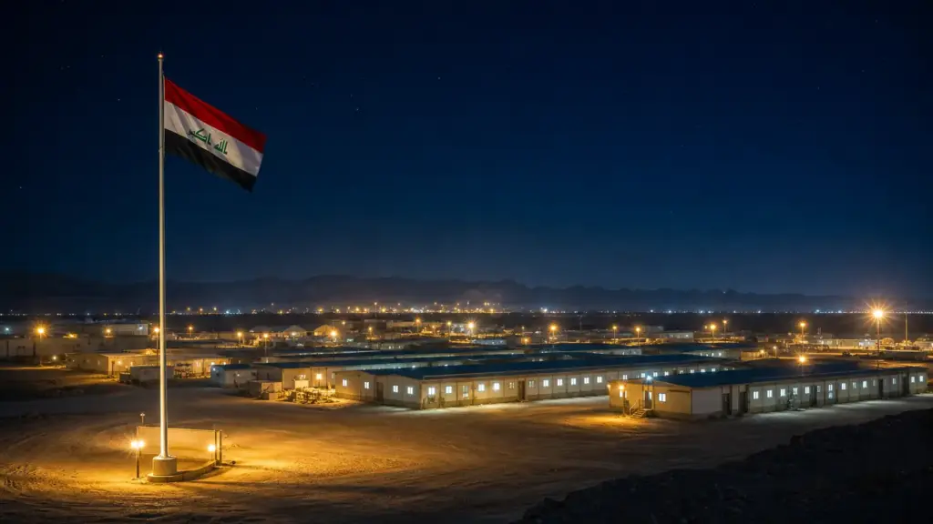 base de al kasik: barracones iluminados y una bandera de Irak en una base militar de noche