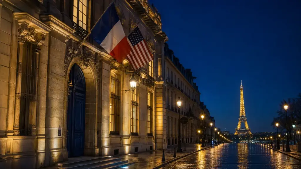 rice en sciences po: fachada iluminada de un edificio académico en París de noche con banderas de Francia y Estados Unidos