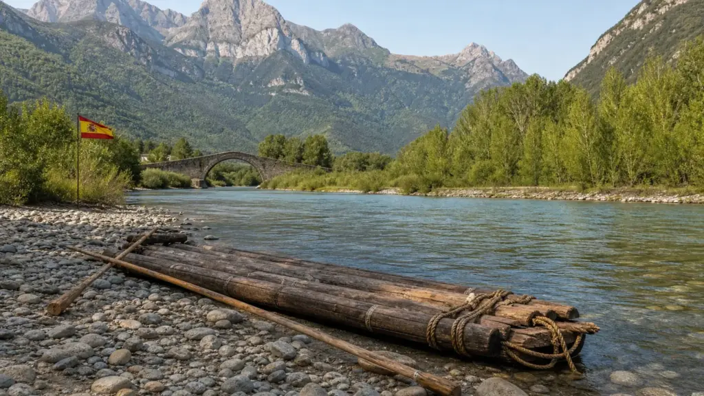 fiestas de mayo en españa: balsa de troncos junto a un río pirenaico con un puente medieval al fondo