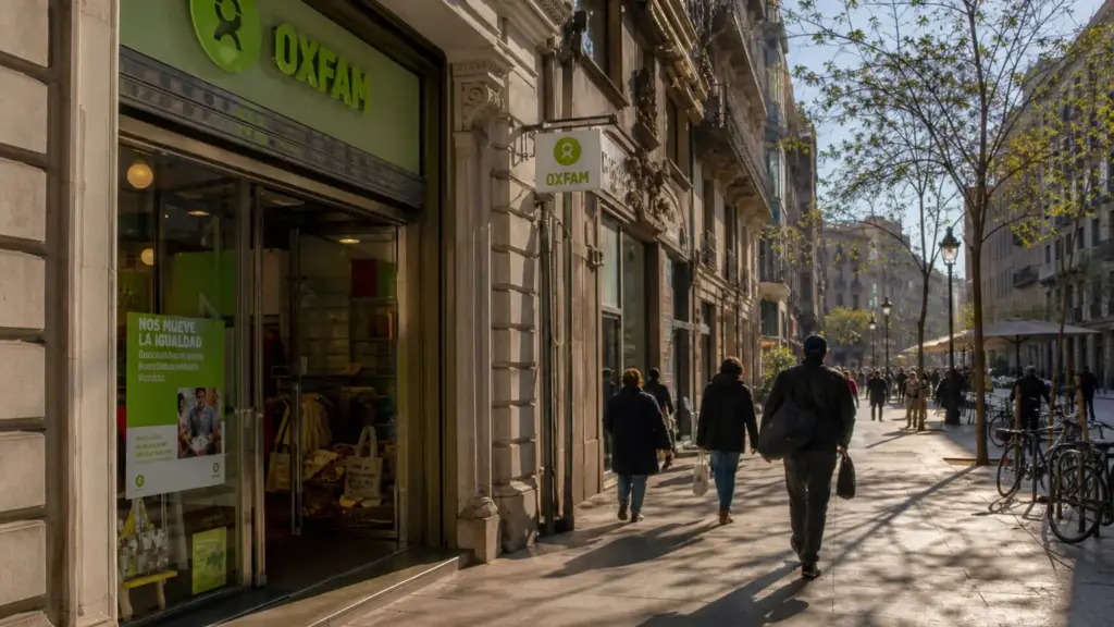 ariane arpa: fachada de una tienda con el rótulo de Oxfam en una calle con peatones de espaldas
