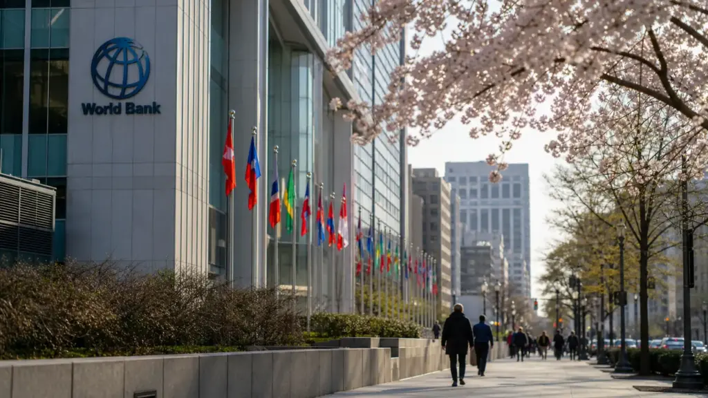 wolfowitz al banco mundial: fachada de la sede del Banco Mundial en Washington con banderas y peatones lejanos de espaldas