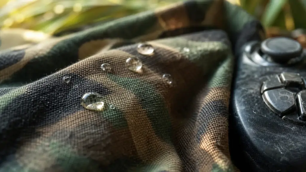 kojima en madrid: tela de camuflaje selvático con gotas de rocío junto al borde de un mando de videojuegos