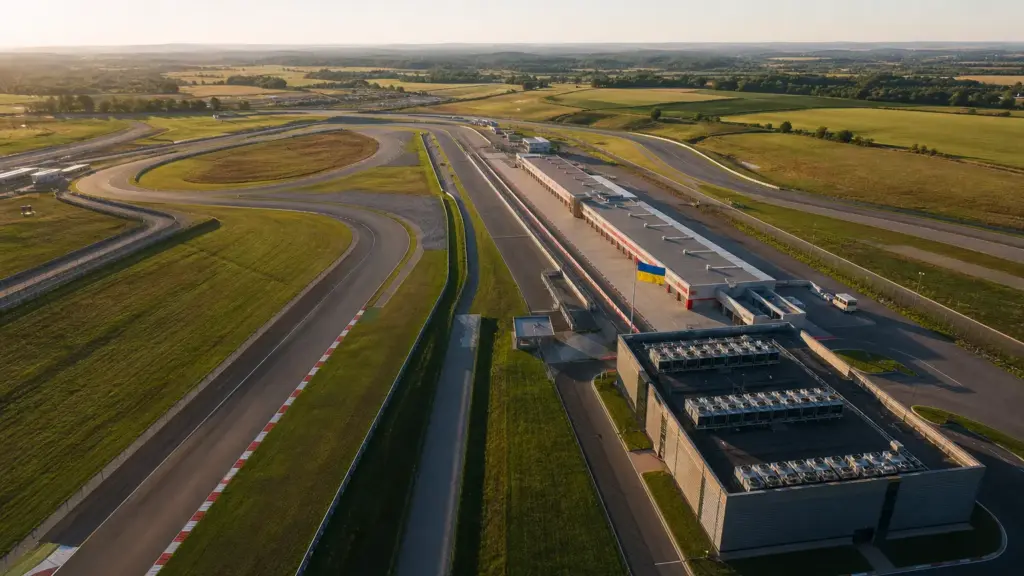 renault formula 1: vista aérea de un circuito vacío junto a un edificio técnico al amanecer