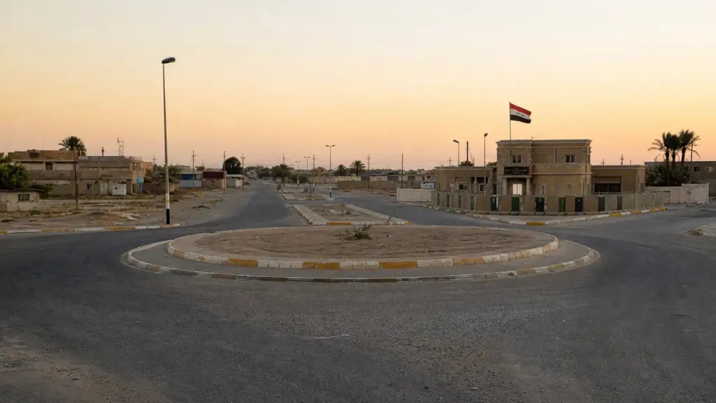 comisaría de mufrek: glorieta vacía y un recinto policial con la bandera de Irak al amanecer