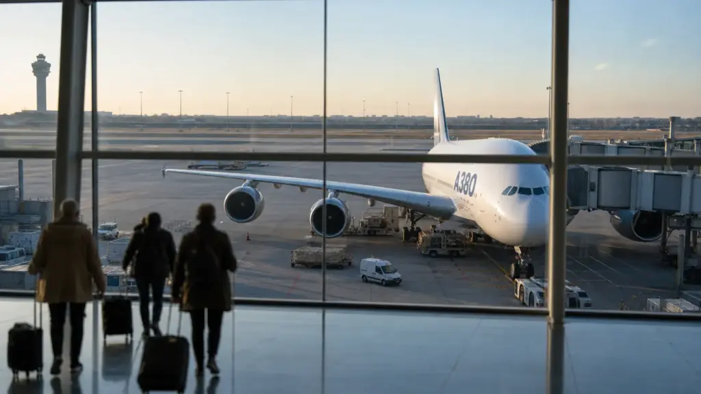 aeropuertos para el a380: terminal con viajeros anónimos de espaldas frente a un gran avión de dos pisos estacionado en la puerta de embarque