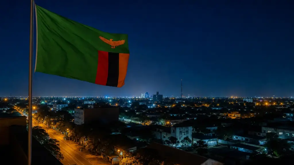 derechos en zambia: vista nocturna de una ciudad con ventanas iluminadas y una bandera de Zambia en primer plano