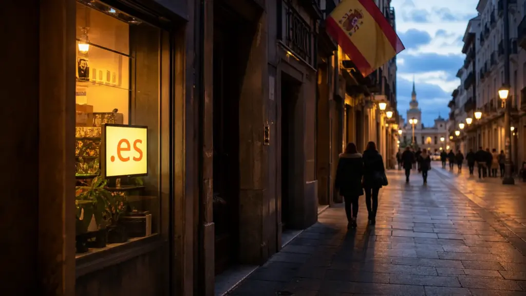 dominios .es: escaparate con una pantalla que muestra ".es" en una calle española al atardecer con transeúntes de espaldas