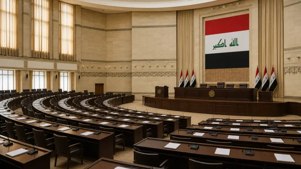constitución de irak: sala parlamentaria vacía en Bagdad con escaños de madera y una bandera de Irak detrás del estrado