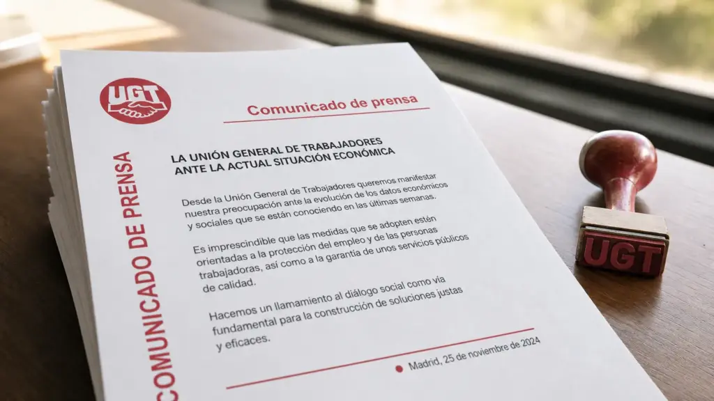 almudena fontecha ugt: primer plano de comunicados impresos y un sello rojo con las siglas UGT sobre un escritorio