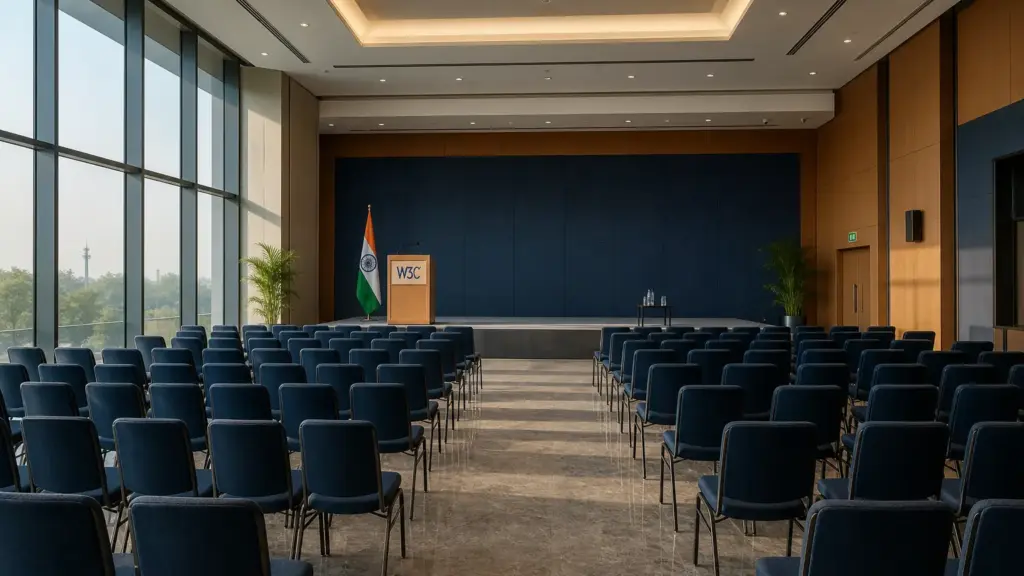 w3c en india: sala de conferencias vacía con un atril con las letras W3C y una bandera de India