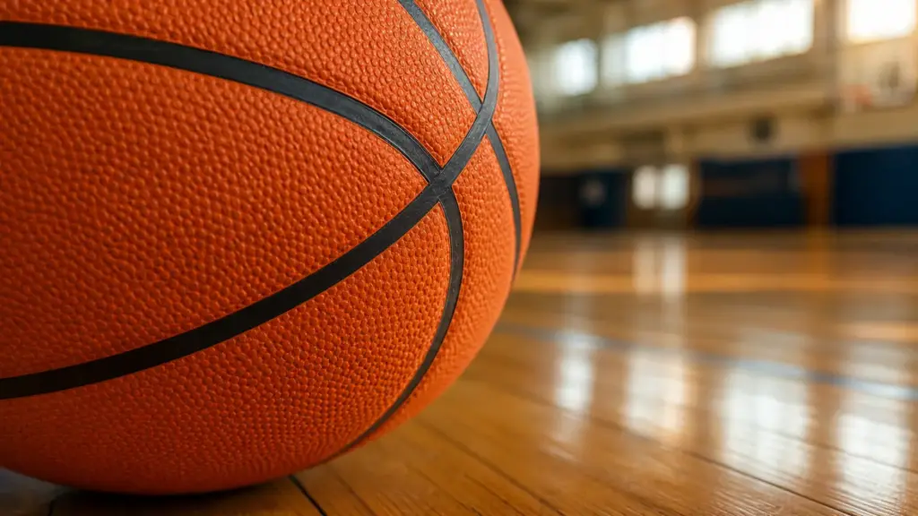 mundial sub-17 fiba: detalle del cuero granulado y las costuras de un balón de baloncesto sobre parqué