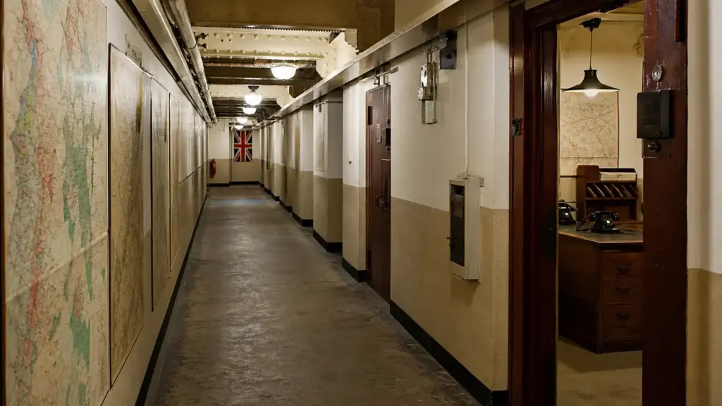churchill museum: pasillo subterráneo de un búnker histórico en Londres con mapas antiguos y una bandera del Reino Unido