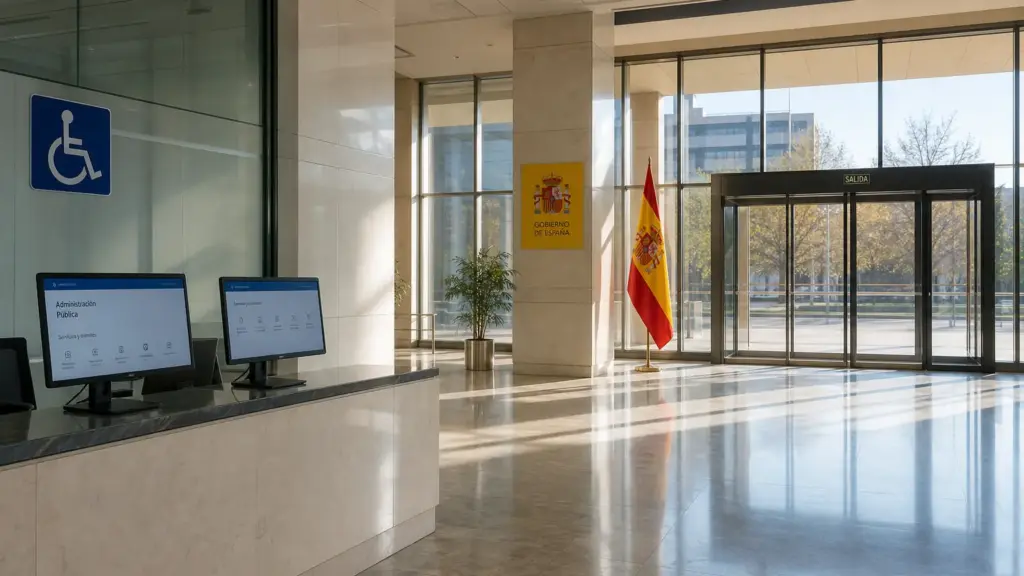web de fomento: vestíbulo de una oficina pública con pantallas, símbolo de accesibilidad y bandera de España
