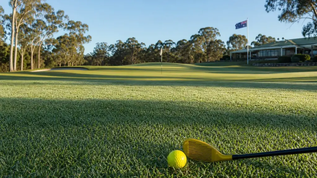 norman von nida: campo de golf australiano vacío al amanecer con una pelota amarilla y un palo pintado de amarillo
