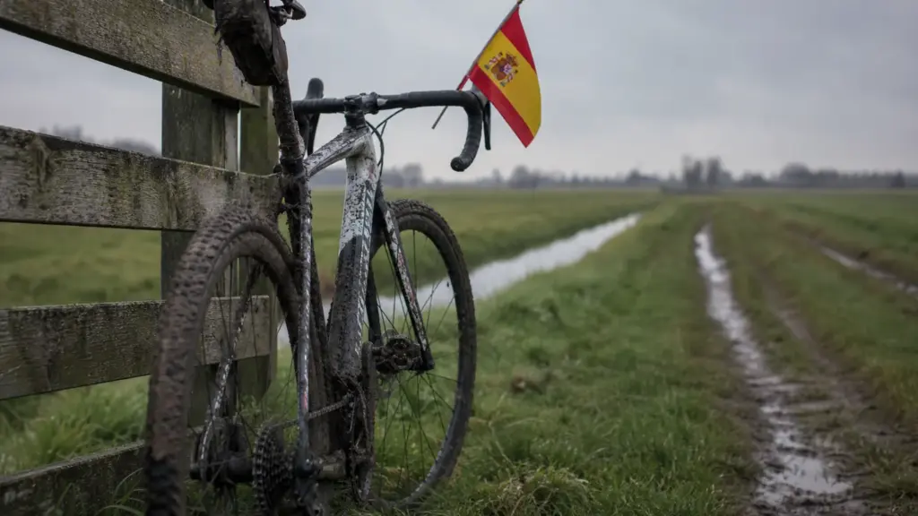 mundial de zeddam: bicicleta de ciclo-cross embarrada con una bandera de España apoyada en una valla en un prado invernal