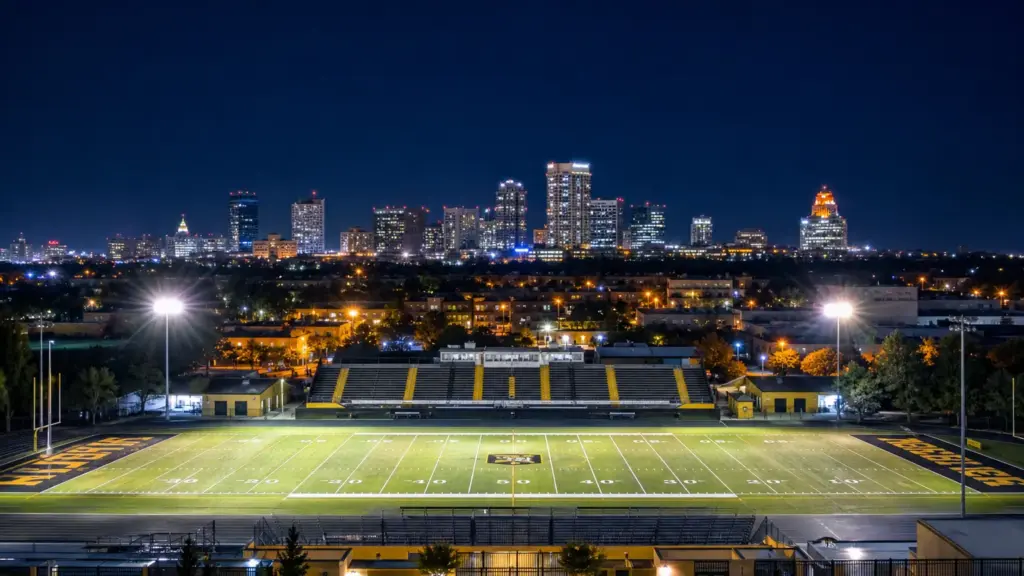joey porter en bakersfield: campo de fútbol americano iluminado de noche frente a las luces de la ciudad