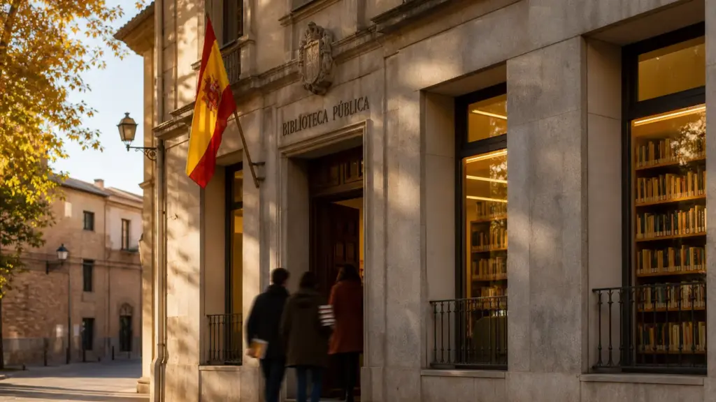 9,6 millones para bibliotecas: fachada de una biblioteca pública con estanterías iluminadas y lectores anónimos entrando al atardecer