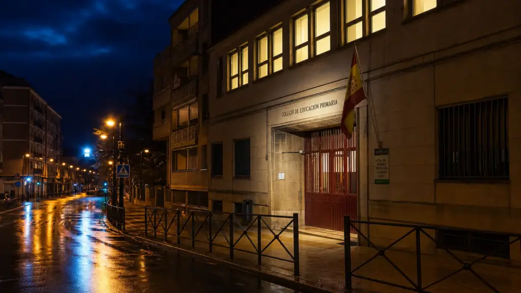guía de educación sexual: fachada de un colegio de primaria con ventanas iluminadas y una bandera de España de noche
