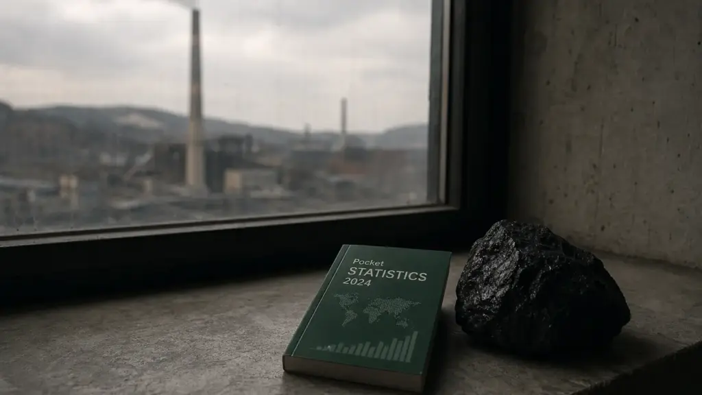 little green data book: cuadernillo verde de estadísticas junto a un trozo de carbón sobre una superficie gris