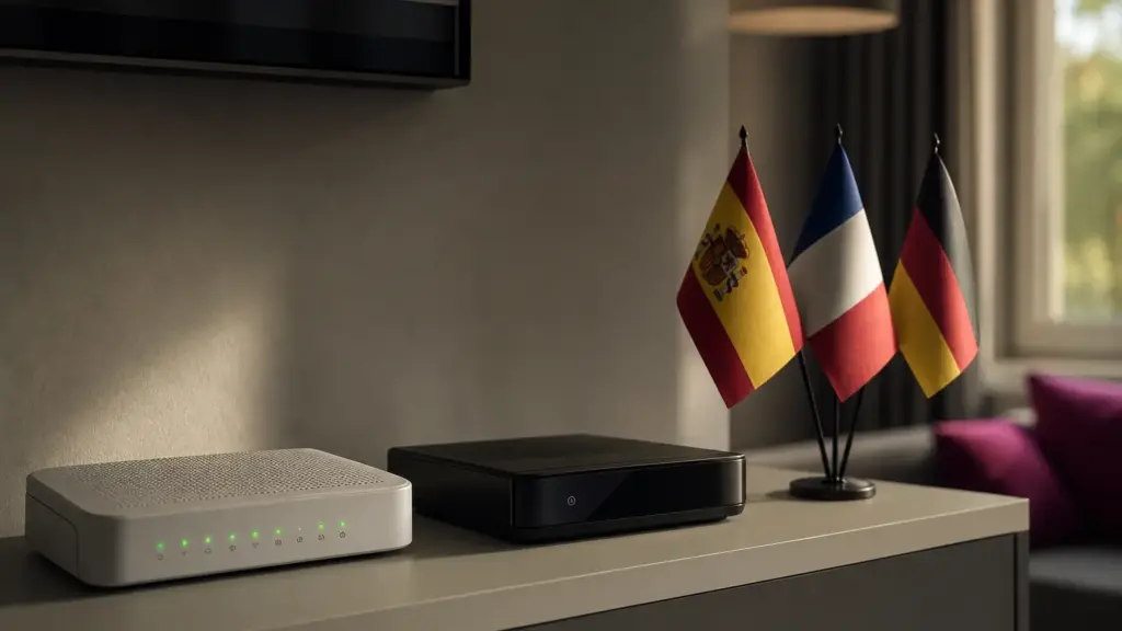 resultados de t-online: router DSL y decodificador de televisión junto a banderas de España, Francia y Alemania