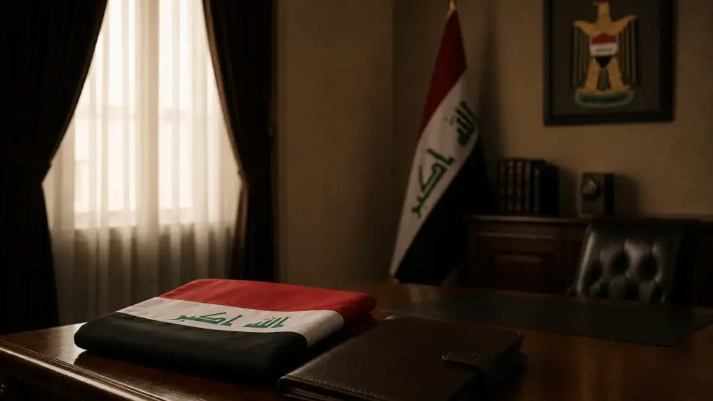 muerte de zarqawi: bandera de Irak doblada junto a una carpeta cerrada sobre un escritorio de madera