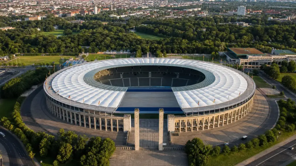 ballack ecuador-alemania: vista aérea del Olympiastadion de Berlín rodeado de árboles en una tarde de verano