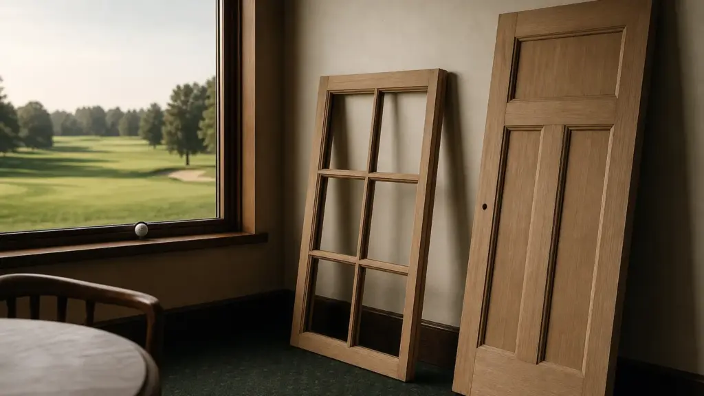 patrocinador jeld-wen: marco de ventana y puerta de madera nuevos con una pelota de golf en una casa club vacía