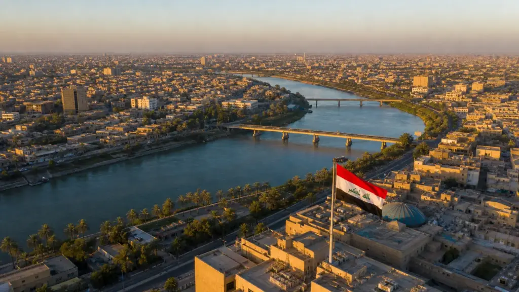 zebari y baker: vista aérea de Bagdad con el río Tigris y una bandera de Irak al atardecer