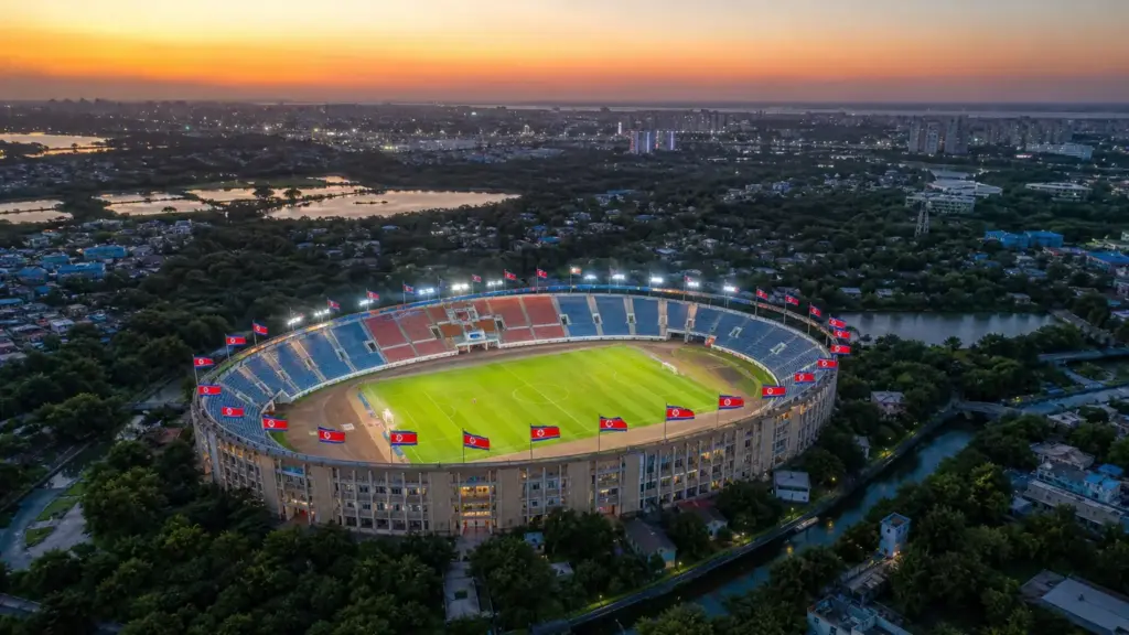 corea del norte: vista aérea de un estadio de fútbol en Kolkata al atardecer con banderas norcoreanas