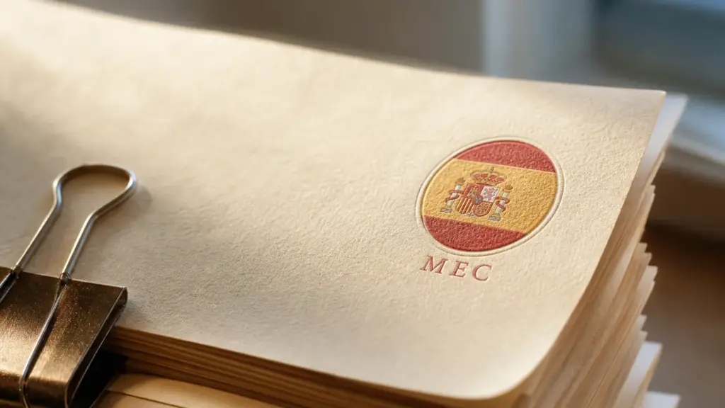 directrices del mec: primer plano de una pila de documentos de papel con un sello en relieve con los colores de España y las letras MEC