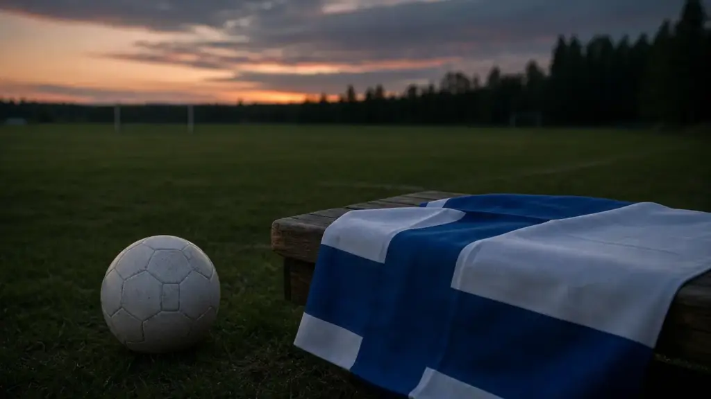 liekoski finlandia sub-17: balón sobre el césped junto a una bandera de Finlandia doblada en un banco