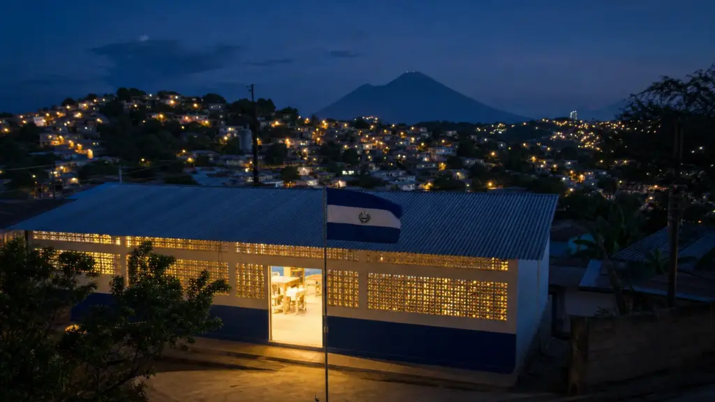 intervida en el salvador: casas iluminadas de noche en un municipio salvadoreño con un centro comunitario y la bandera del país